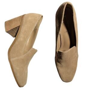 Joie Wevenly Beige Suede Wooden Block Heel Slip-On Minimalist Loafer Pumps Sz 9